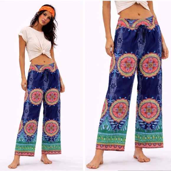 FBC Studio Pants - Boho Mandala Wide Leg Pants, Adjustable Waist, Festival Hippie Trousers M-L, NWT